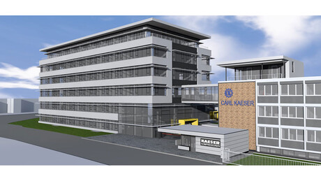 Animação por computador do novo edifício administrativo da Kaeser Compressores, vista lateral