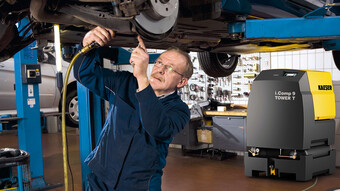 O compressores de pistão i.Comp 9 com secador por refrigeração integrado é o produtor de ar comprimido ideal para oficinas automóvel.